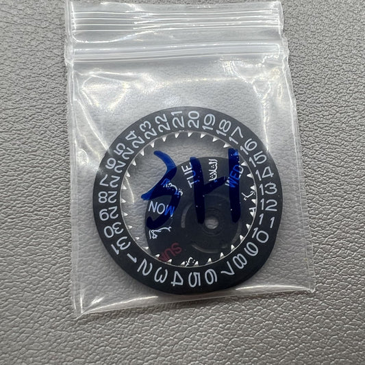 Black Arabic/English date and week wheel for NH36 watch movement, crown positioned at 3 o'clock, precision parts.