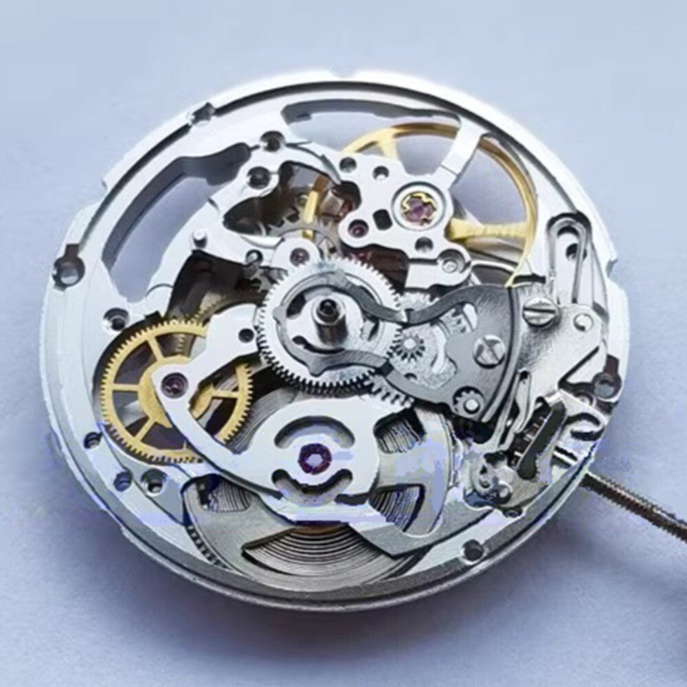 Tianjin 2824 hollow mechanical watch movement with silver finish, 3 hands, no calendar, precision engineering by China Made.