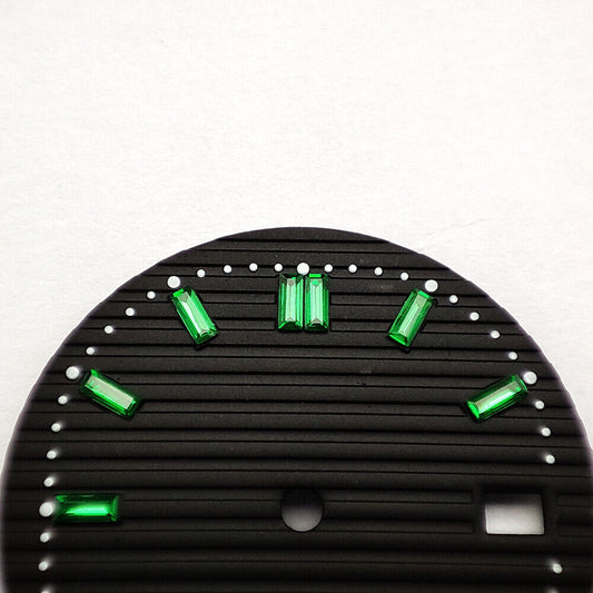 29.8mm black watch dial with green imitation gemstone accents, compatible with NH35 movement, elegant design.
