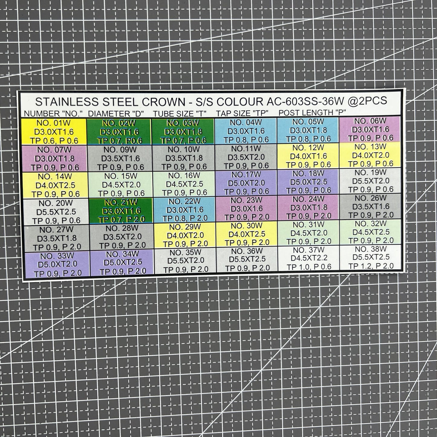 Assorted stainless steel watch crowns in 36 silver sizes for precision watch repairs.