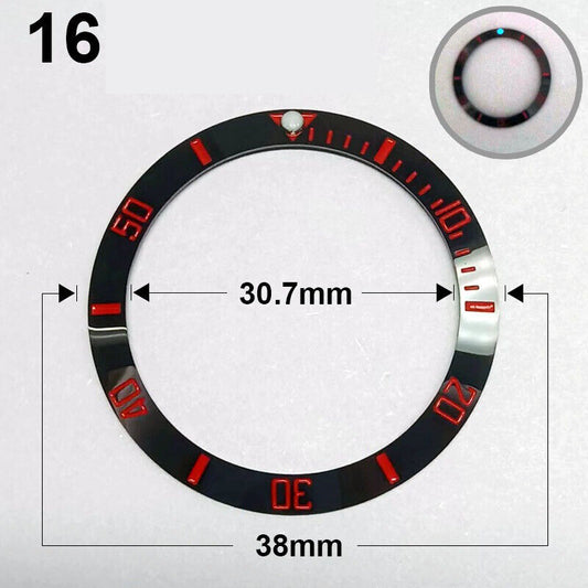 38mm Ceramic Slope black bezel with red font and green luminous markers for watch repair.