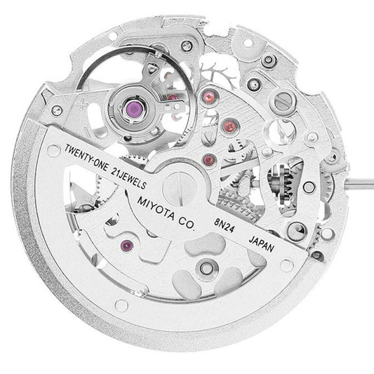 Miyota 8N24 silver automatic watch movement showcasing precise Japanese mechanical craftsmanship.