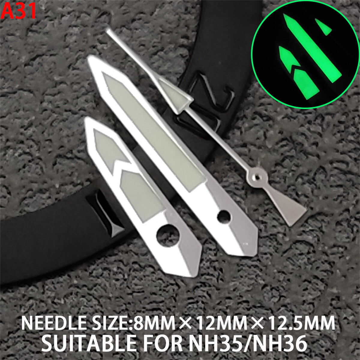 Aiguilles de montre en forme de flèche, 12,5 mm, vert luminescent, finition argentée, pour mouvement NH35/36