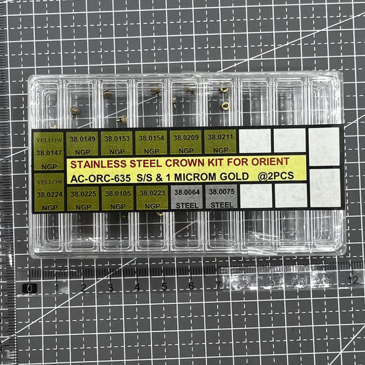 1. Stainless steel golden watch crowns kit for Orient watches, 24-piece assortment.