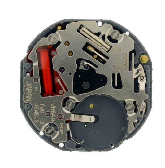 Seiko VH64A quartz movement close-up showcasing precise Japan-made watch mechanism.