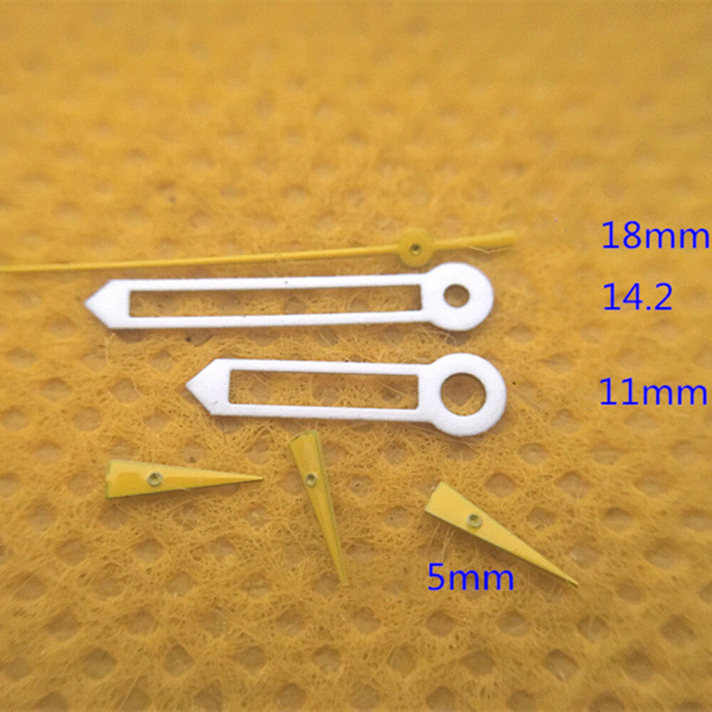 18mm yellow small second watch hands with white trim, compatible with ISA 8172 quartz movement from.