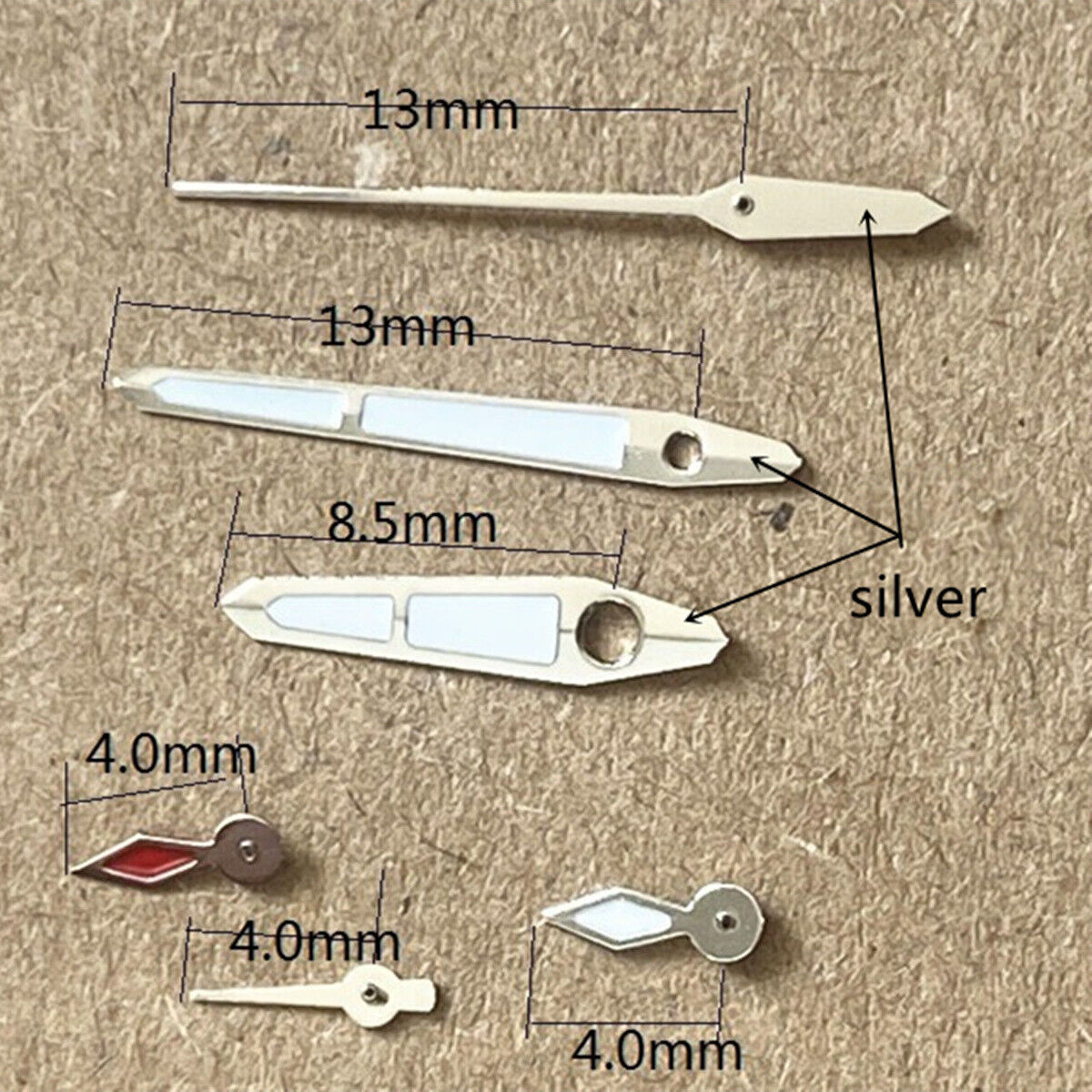 Aiguilles de seconde de montre peintes en rouge et blanc, garniture argentée, pour mouvement PE70
