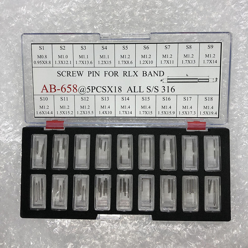 Set of 90 screw-type watch band link pins by AB-658, perfect for bracelet band repairs and adjustments