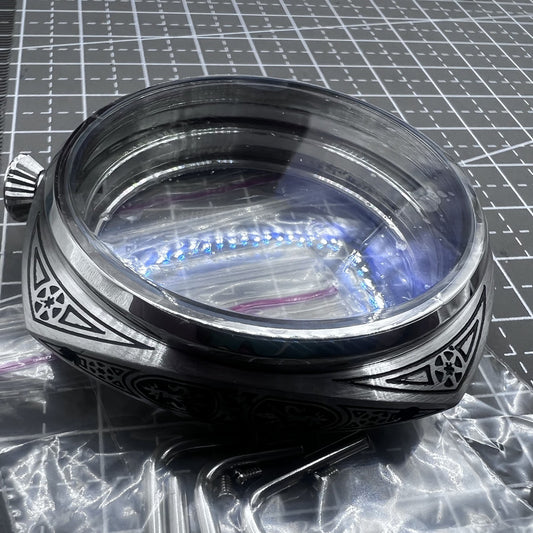 47mm 316L stainless steel carved watch case for Seagull ST3600 with crystal bezel protection.