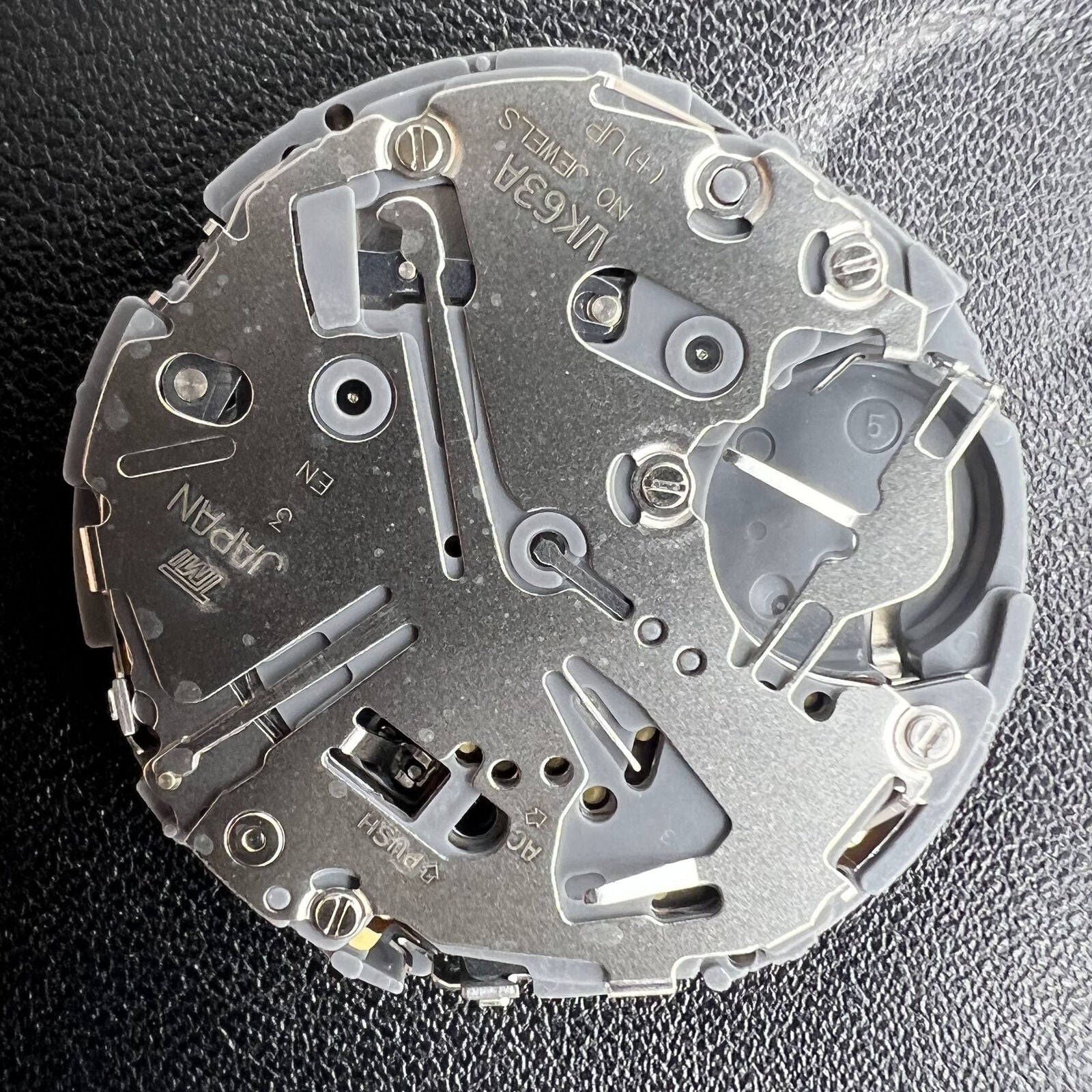Hattori Epson VK63A quartz watch movement, Japan-made for precise repairs and reliable timekeeping.