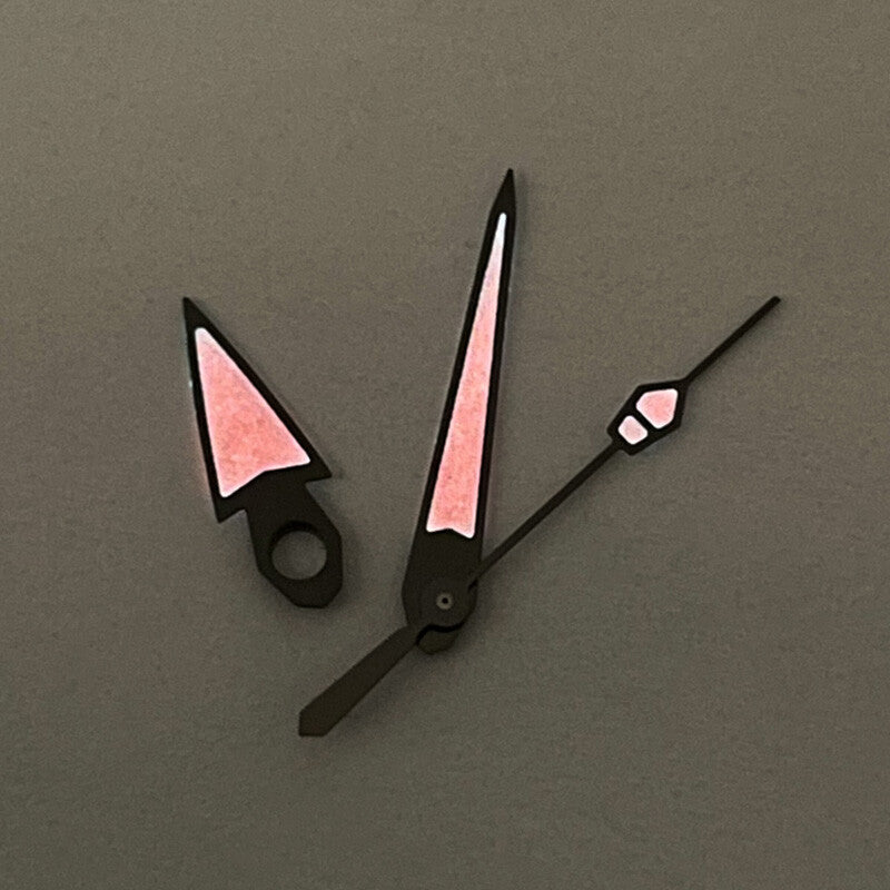 Red luminous watch hands set by P1-7-C, compatible with NH35/36/4R/6R movements, ideal for precision timepieces