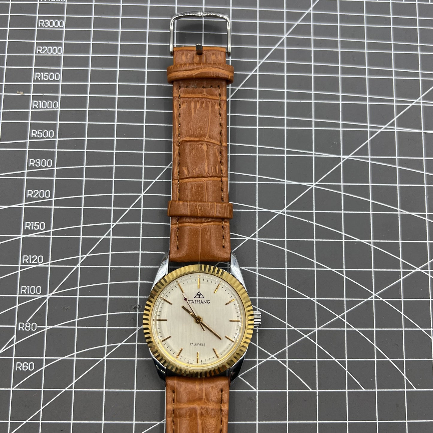 38mm TAIHANG mechanical watch with golden nails, silver dial, and round case featuring 17 jewel movement.