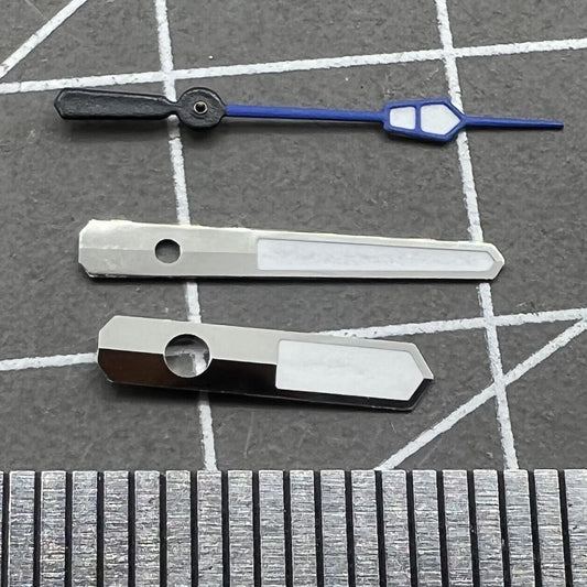 Silver-trimmed dark blue watch hands with green lume, compatible with NH35 NH36 movements.