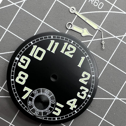 35mm black pilot watch dial with green luminous hands for ETA6498 men's watch.