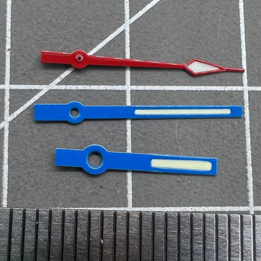 14mm watch hand set with blue and red trim, green lume, compatible with Ronda 515 quartz movement