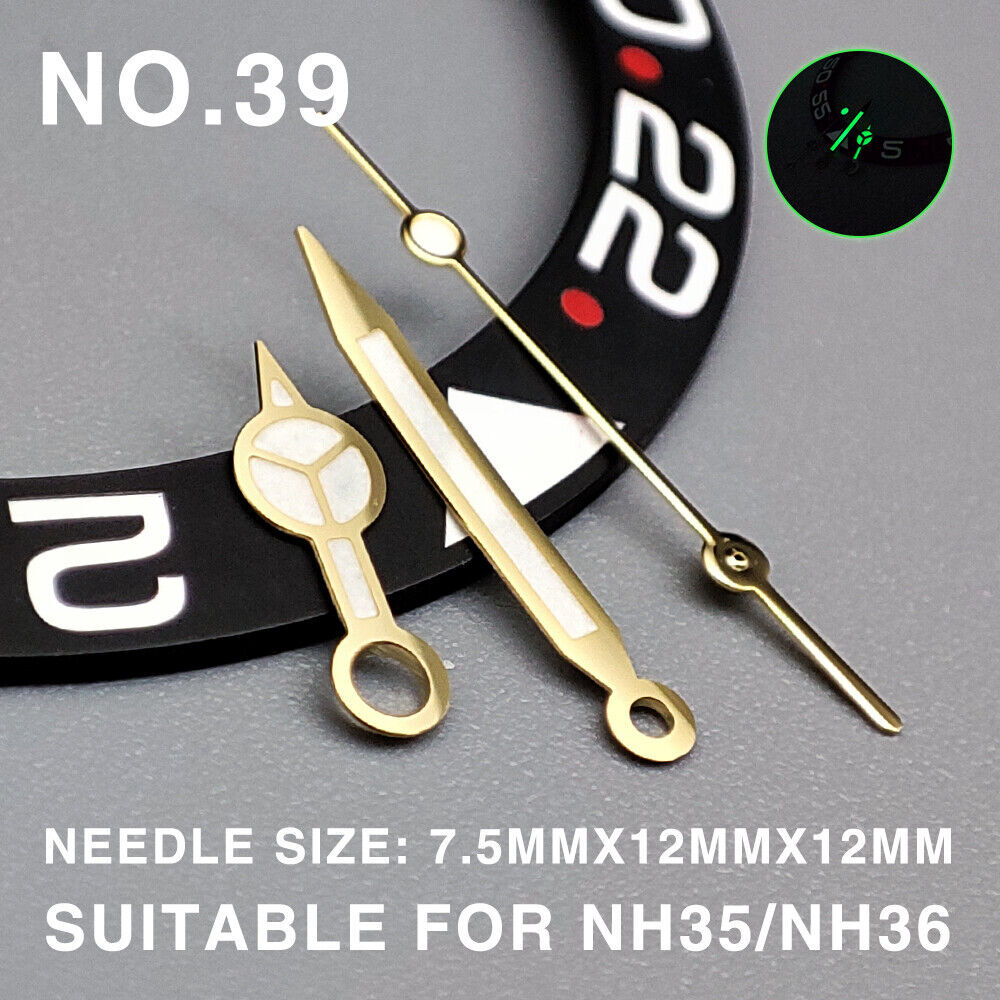 Green luminous 12mm watch hands with gold trim for Seiko NH35/NH36/NH38, perfect for precise timekeeping upgrades.