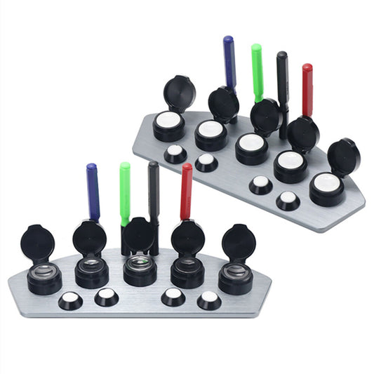 Black and white die-cast alloy oil cup stand with 5 containers for watch repair.