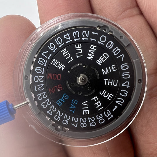 Japan NH36 NH36A watch movement showing black dial with English day display and crown positioned at 3 o'clock, precise timekeeping by NH36A.