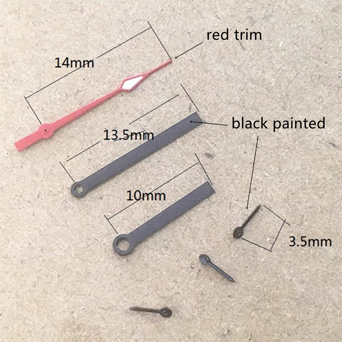 Red trim 14mm black painted watch hands for Epson VD53-57 movements, precise fit, strong visibility.