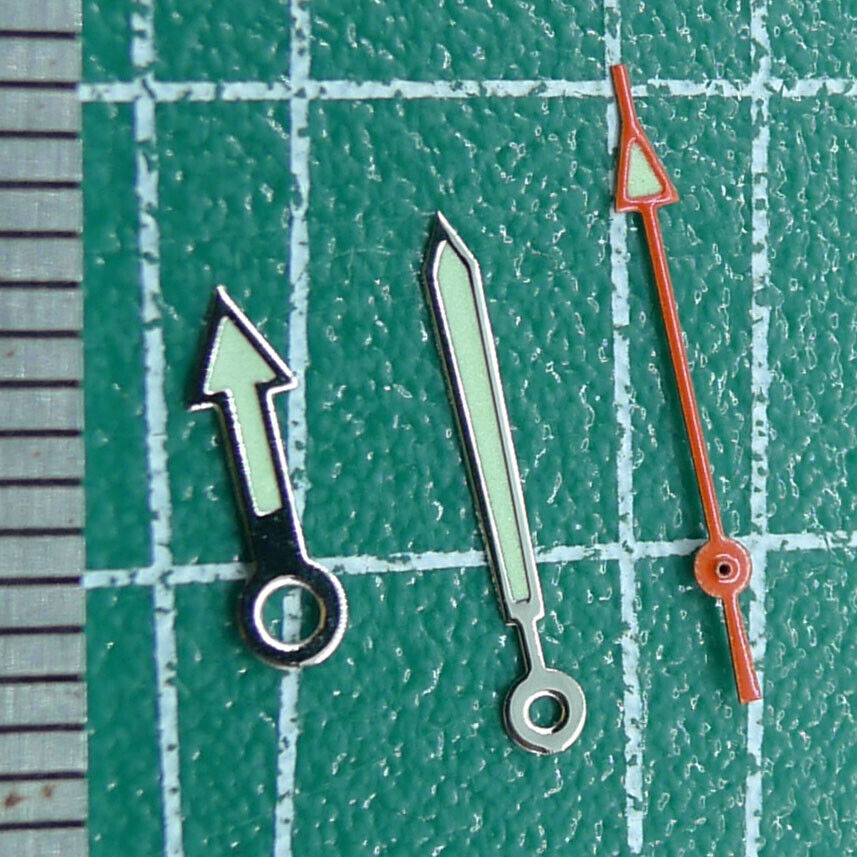 Arrow-shaped green luminous watch hands for Miyota 2035 and 2115 movements.