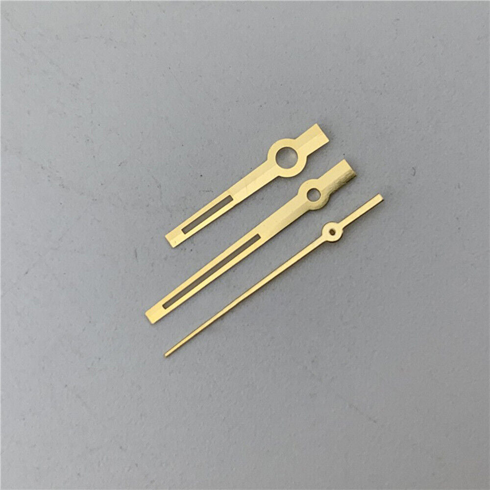 Green luminous watch hands with silver and gold trim for ETA2836, perfect for precise timekeeping upgrades.