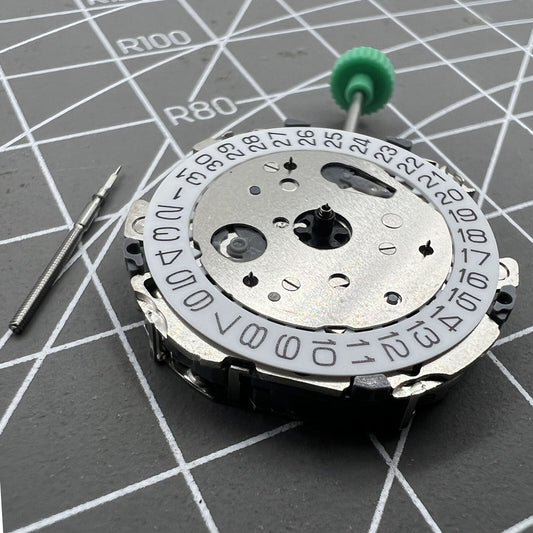 Miyota FS01 quartz chronograph watch movement with 3 eyes and date at 4 o'clock.