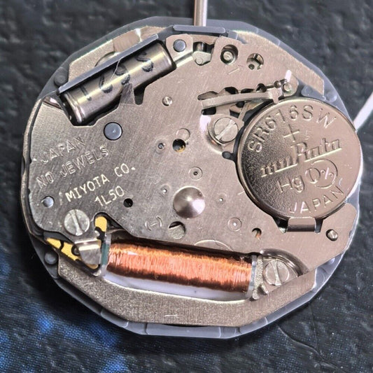 Japan Made Miyota/Citizen LTD 1L50 quartz watch movement with 3 hands, precision timekeeping for repairs.