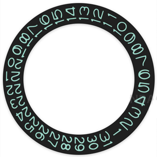 Green date wheel for Seiko NH35 NH36 watch movement on black background.