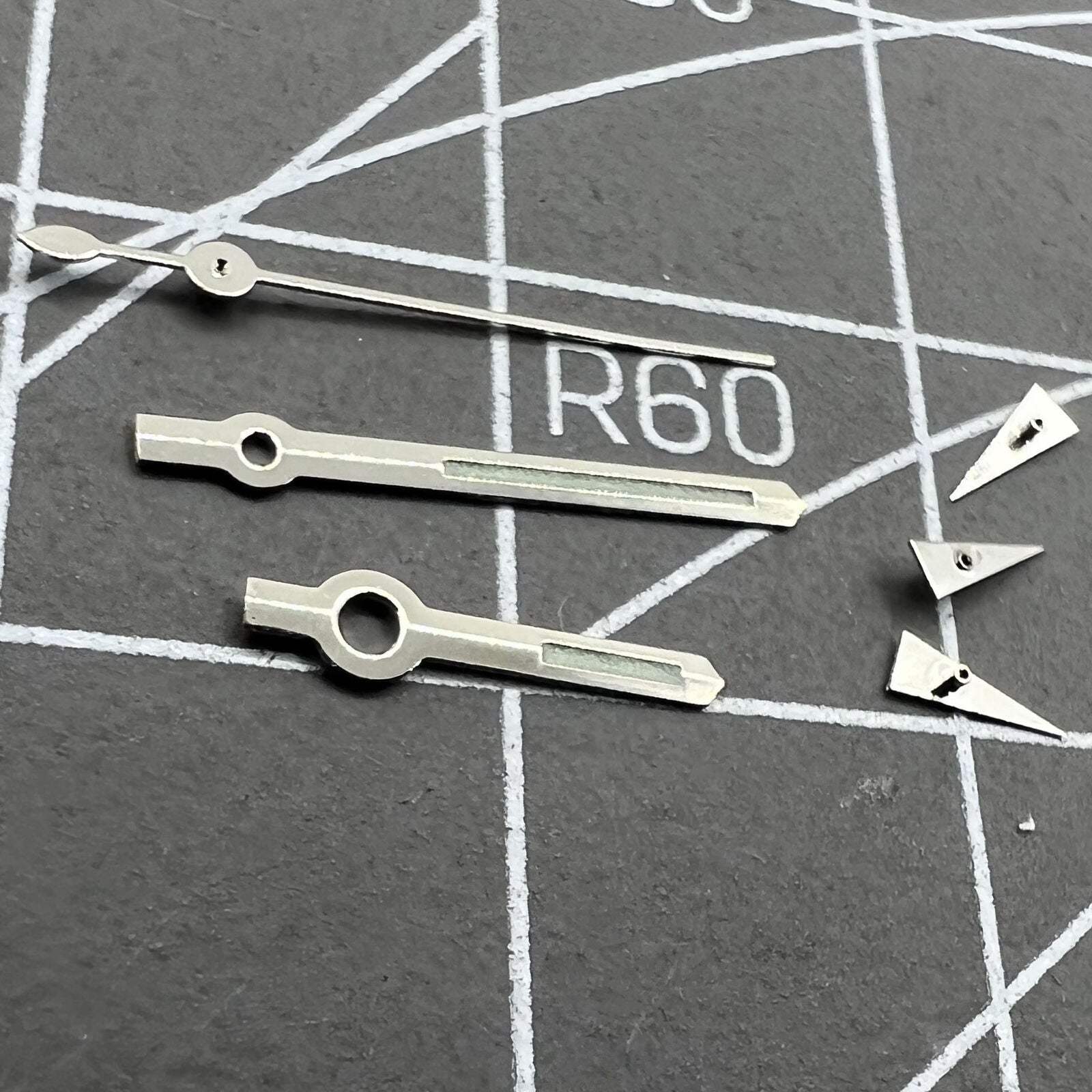 Silver-trimmed 12.5mm watch hands with green lume for Miyota OS10, OS20, OS22, OS60, OS80 models