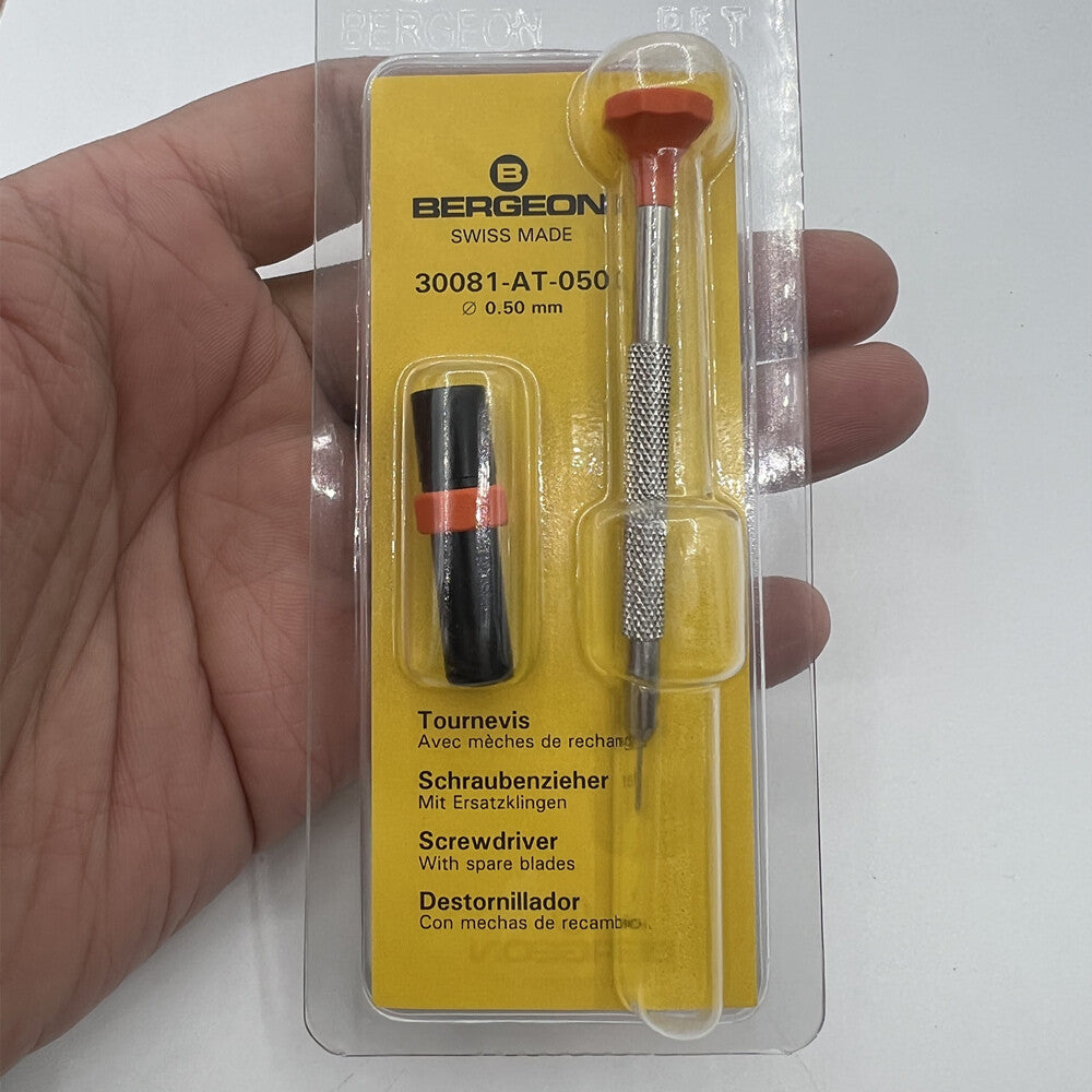 Bergeon 0.50mm ergonomic screwdriver for watch repair, includes spare blades for precision tasks.