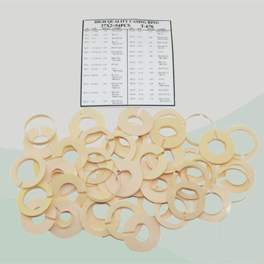 High quality ivory watch movement casing rings, 27 sizes, 54pcs for precise watch repair and replacement.