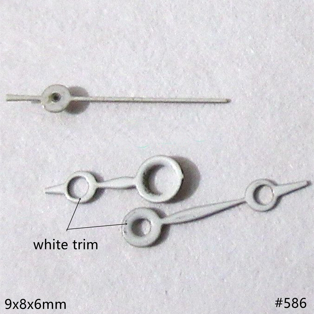 9mm white hollow watch hands set for Miyota 2035 movement, enhancing timepiece clarity and style.