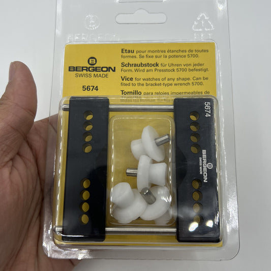 Bergeon 5674 Vise Jaws Holder securely fits watch cases with 5700-Z repair tool for precise watchmaking.