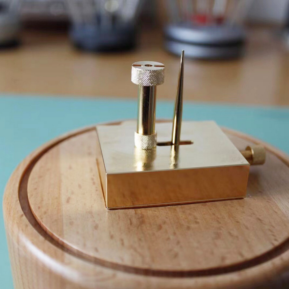 Brass adjustable balance-cock support tool with dust cover for precise watch repair adjustments