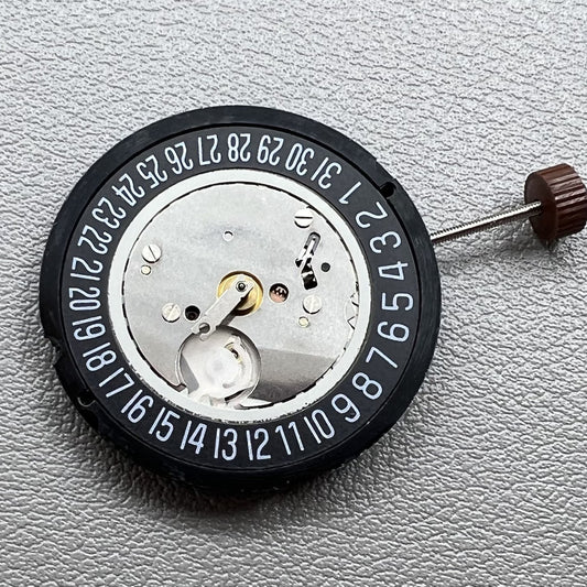 Swiss Black Disk Date watch with Ronda 515 quartz movement, 3 hands, sleek design.