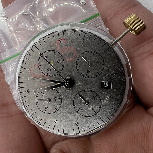Asian 7750 chronograph watch movement with black dial, single calendar, and second subdial at 9 o'clock.