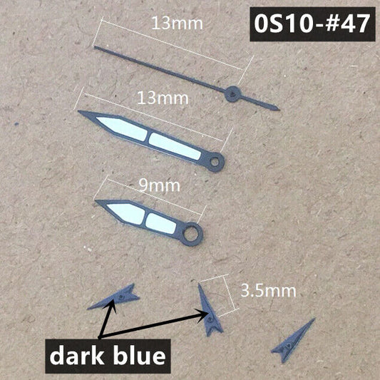 Dark blue trim green luminous watch hands for Miyota 0S10 by Wholesale, 13mm length.