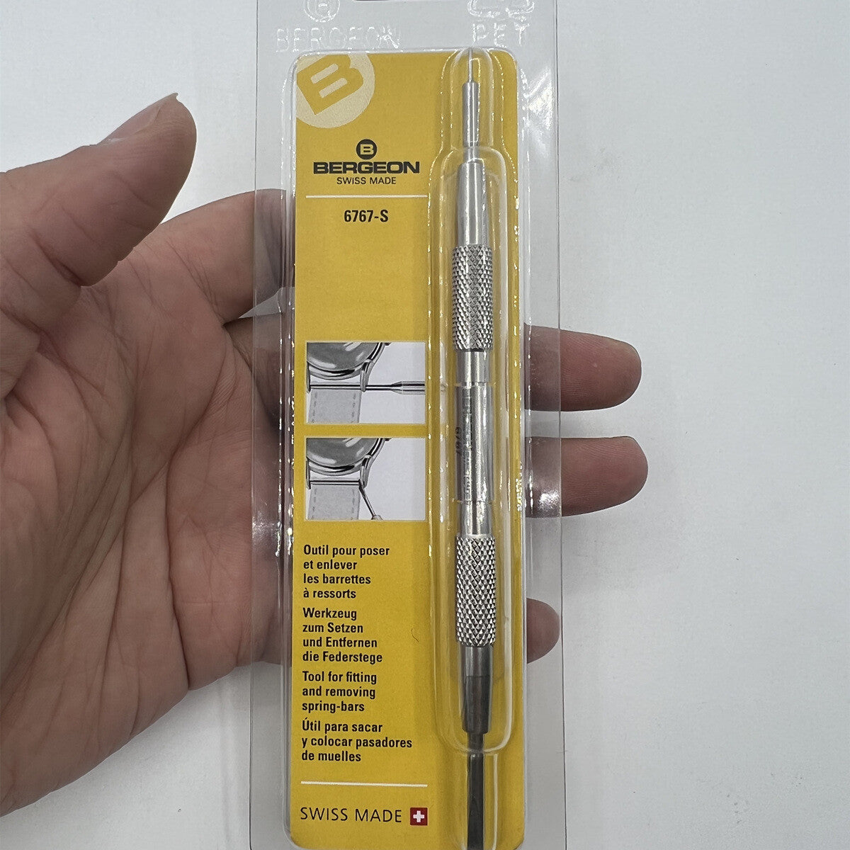 Bergeon 6767-S spring bar tool for precise watch bracelet fitting and removal, essential watchmaker equipment.