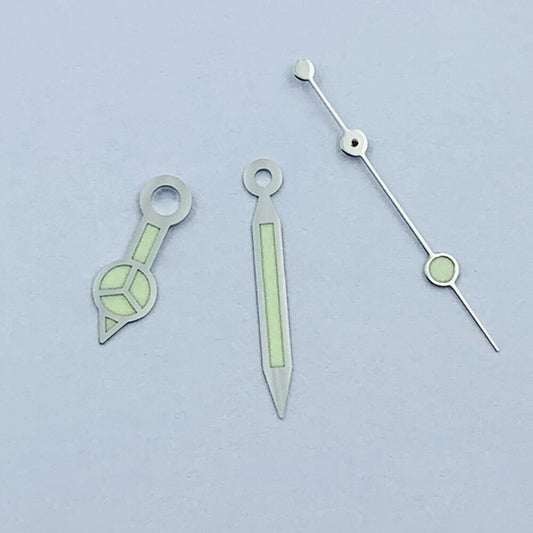 Green luminous watch hands with silver trim, compatible with NH35 NH36 movements.