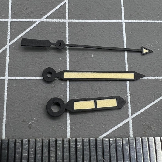 Green lume yellow arrow watch hands with black trim, compatible with NH35/36 movements.