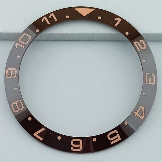 38mm ceramic brown bezel ring with white and gold font, designed for SUB GMT watches.