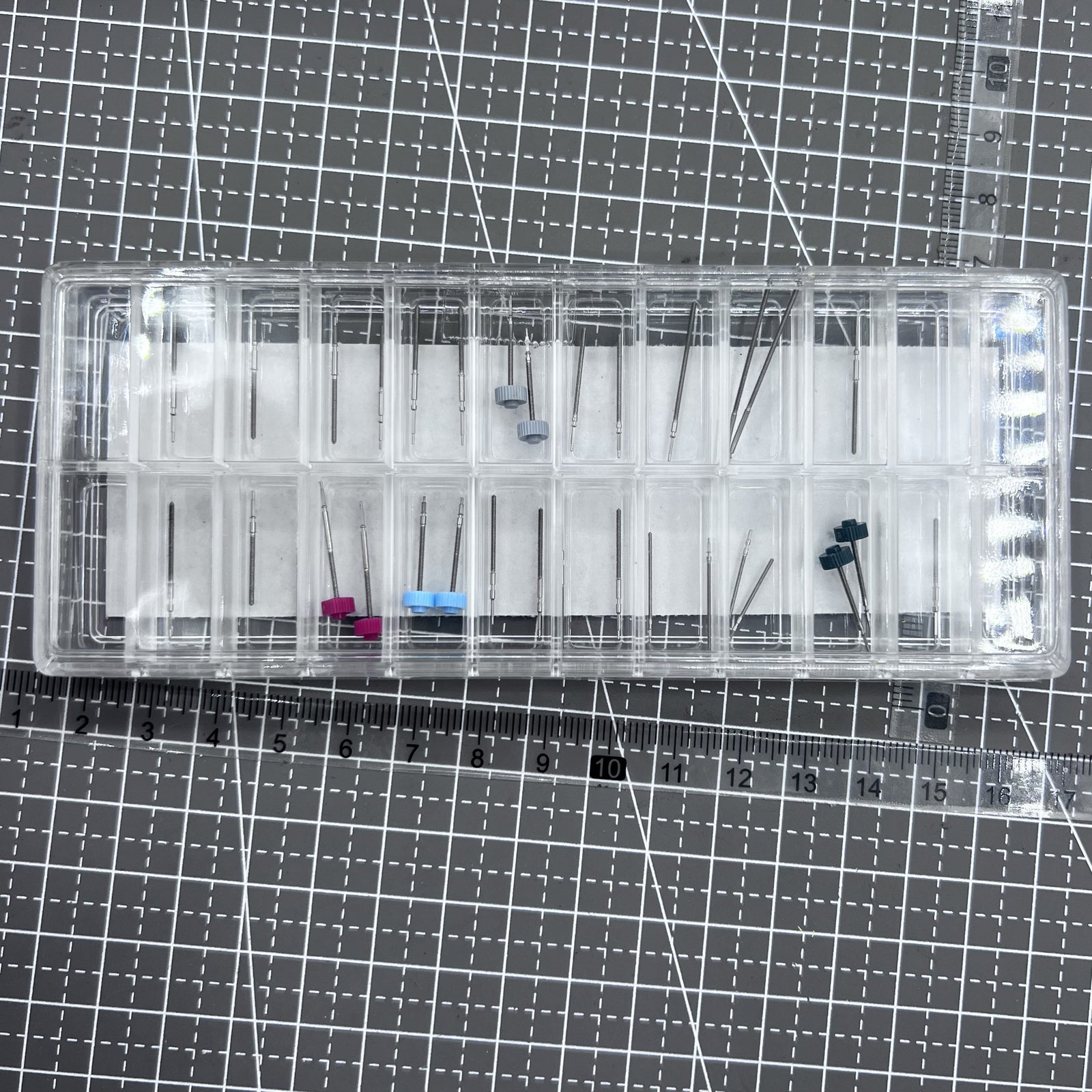 Set of 38 original Ronda watch stems in 19 sizes for precise repairs and replacements.