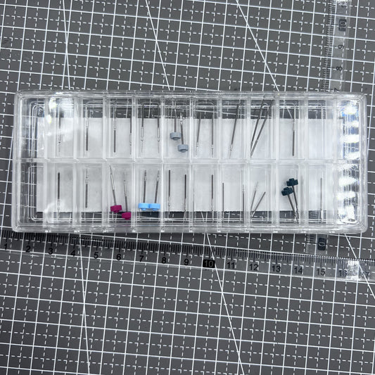 Set of 38 original Ronda watch stems in 19 sizes for precise repairs and replacements.