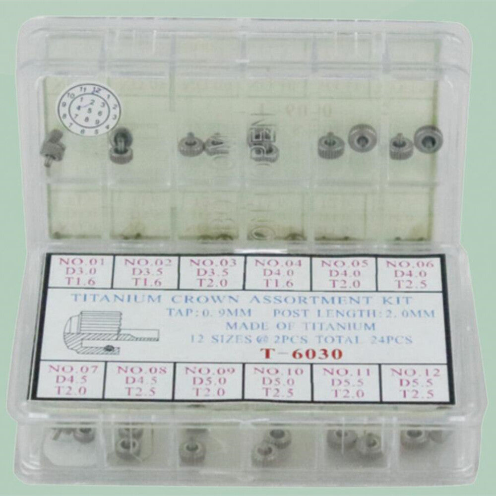 Titanium watch crowns kit with 24 pieces in 12 sizes for precise repairs.