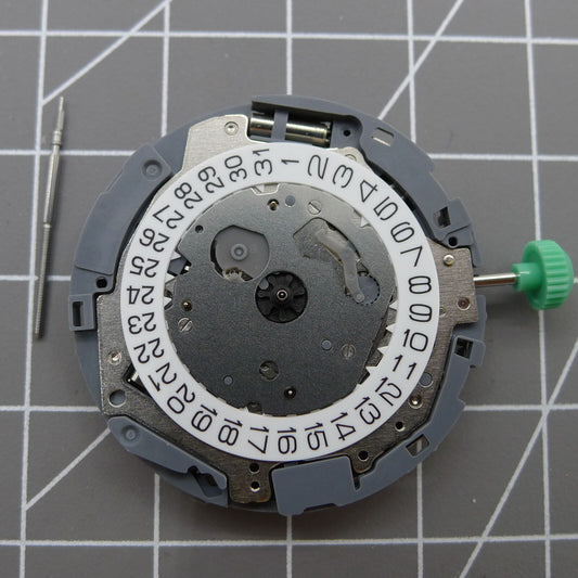 Miyota OS10 quartz watch movement with date display at 3 o'clock, Japanese precision craftsmanship.