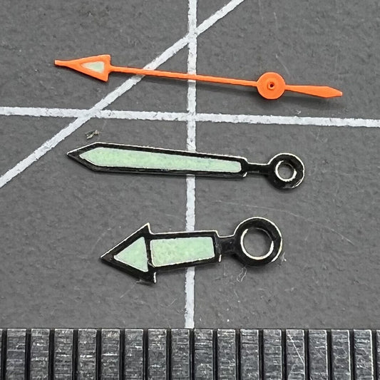 13mm silver trim green lume watch hands set for Miyota 2035, 2115, 2105, 2305 movements, precise fit.
