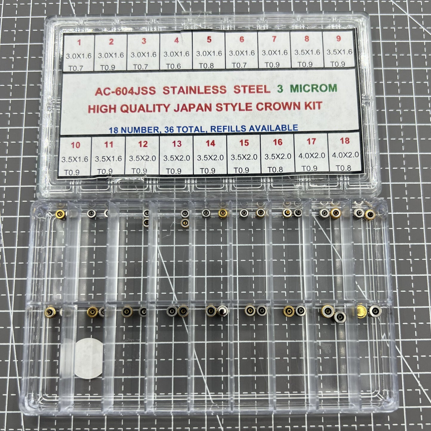 Assortment of 36 stainless steel watch crowns, Japan style, high-quality watch repair parts.