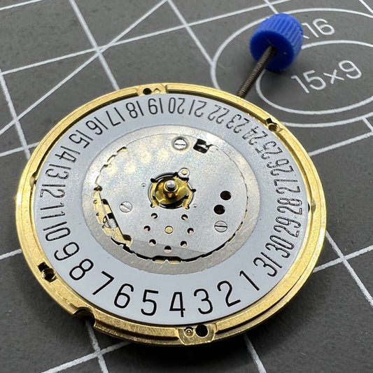 ETA F05.111 watch face showing 2 hands with date at 6 o'clock, quartz movement by ETA.