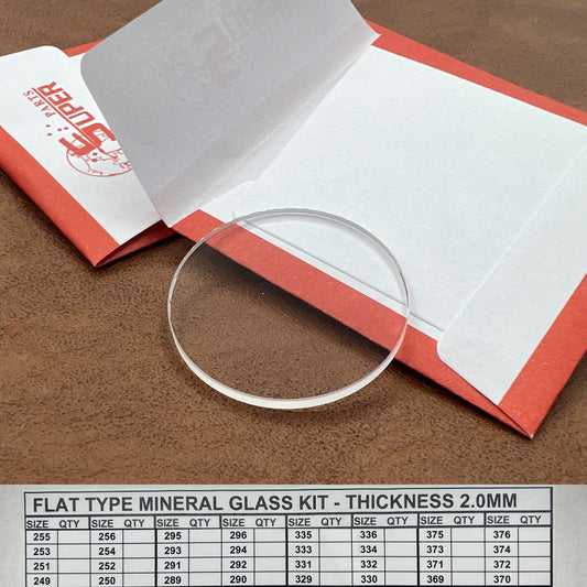 Set of 32 flat round watch glass crystals 24.9-37.6mm, 2.0mm thick, ideal for watch repair and replacement.