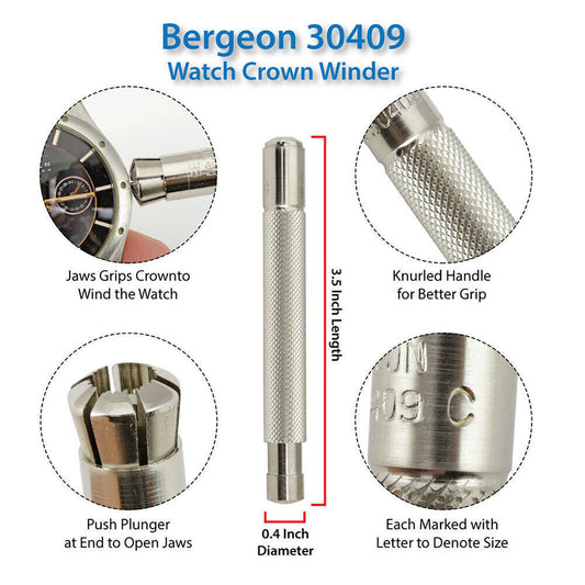 Bergeon 30409-D watch winding tool for precise adjustment of 2-4 mm button crowns.